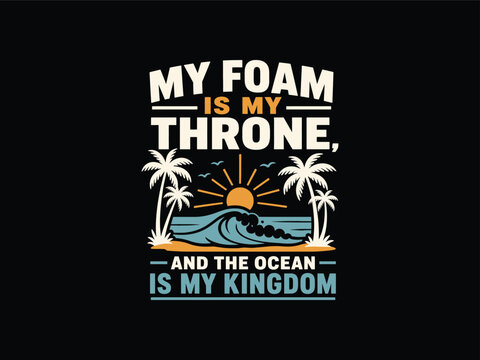 Vintage surfing illustration featuring tropical palm trees and ocean waves with a motivational quote about the sea perfect for beach apparel designs