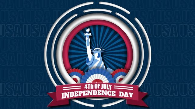 Independence Day Video &ndash; Looping 4K animation featuring a layered paper cut style Statue of Liberty with patriotic rosettes, ribbon banner, and radiant rays, ideal for holiday greetings, event screens