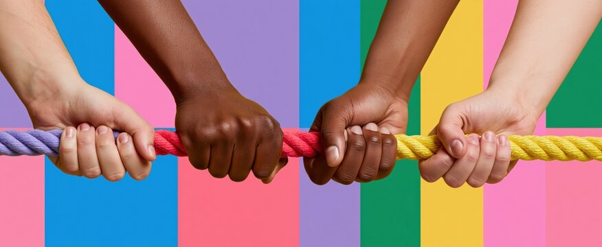Diverse team pulling colorful ropes together, symbolizing teamwork, collaboration, and collective strength.