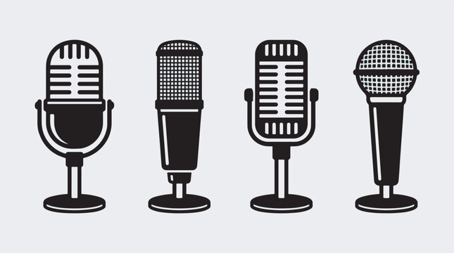 Minimalist black and white vector illustration set featuring four distinct vintage style microphones for professional audio recording and broadcast media