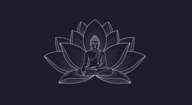 Buddhist poster with a serene sitting buddha meditating inside a blooming lotus flower in white line art.