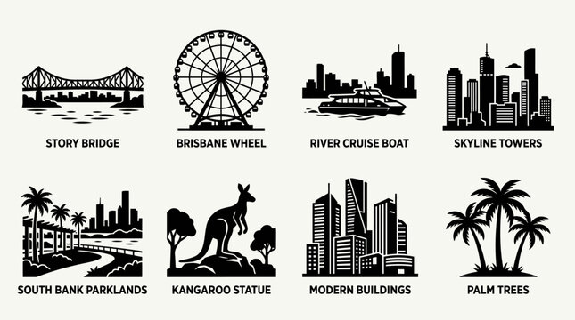 Brisbane landmarks vector illustration featuring Story Bridge, Brisbane Wheel, River Cruise Boat, skyline towers, South Bank Parklands, kangaroo statue, modern buildings, and palm trees for travel and