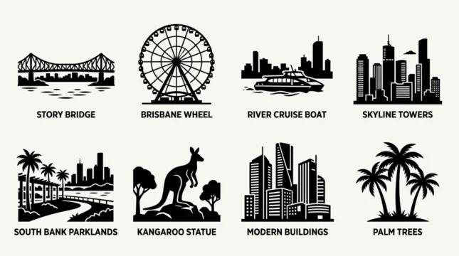 Brisbane landmarks vector illustration featuring Story Bridge, Brisbane Wheel, River Cruise Boat, skyline towers, South Bank Parklands, kangaroo statue, modern buildings, and palm trees for travel and
