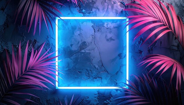 Vivid square neon frame flanked by magenta palms on a dark textured surface
