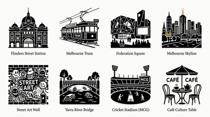 Obraz premium Melbourne landmarks vector illustration featuring Flinders Street Station, tram, Federation Square, skyline, Yarra River Bridge, cricket stadium, street art, and café culture icons for travel and tour