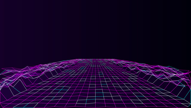 Retro neon wireframe landscape grid on dark background