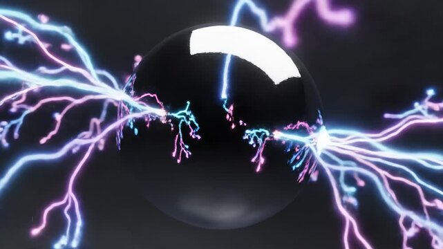 Abstract sphere bombarded by neon electric lightning strikes in pink and blue, intense energy discharge with plasma arcs on dark background, science concept
