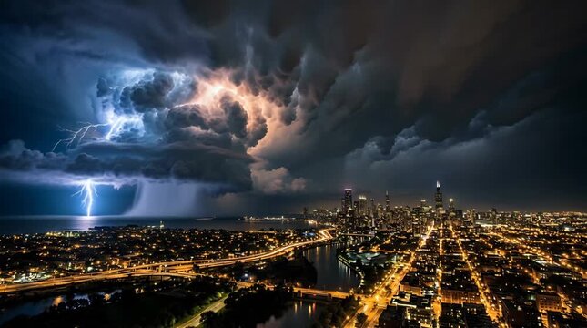 Dramatic Lightning Striking Over a City Skyline at Night with Dark Stormy Clouds