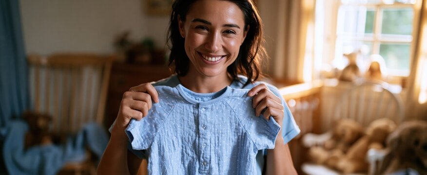 In a sunlit nursery, a joyful mother holds up a soft blue baby romper surrounded by plush toys.