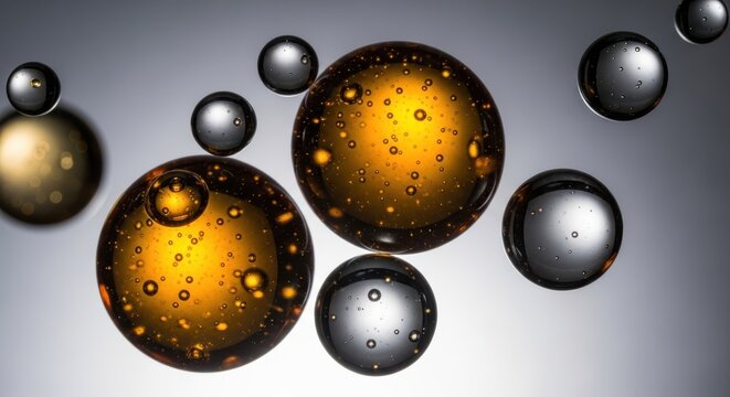 Abstract macro photography of oil bubbles in water, creating a beautiful golden and silver sphere pattern