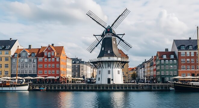 Traditional windmill standing beside colorful waterfront buildings under a cloudy sky