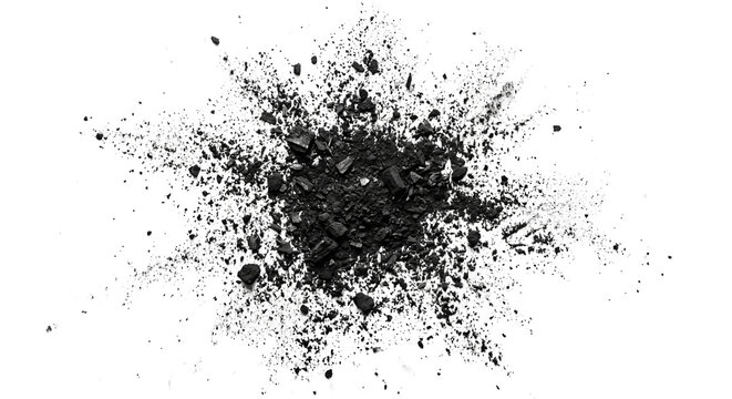 Explosive burst of black charcoal powder and dust particles