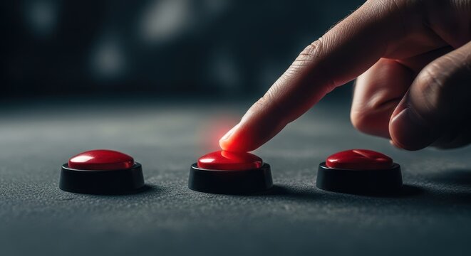 Closeup of a human finger pressing a glowing red button on a dark textured surface, conceptual choice and decision