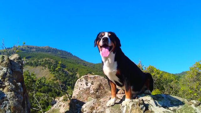 An Entlebucher mountain dog poses in the picturesque mountainous regions of Turkey on a summer morning.
