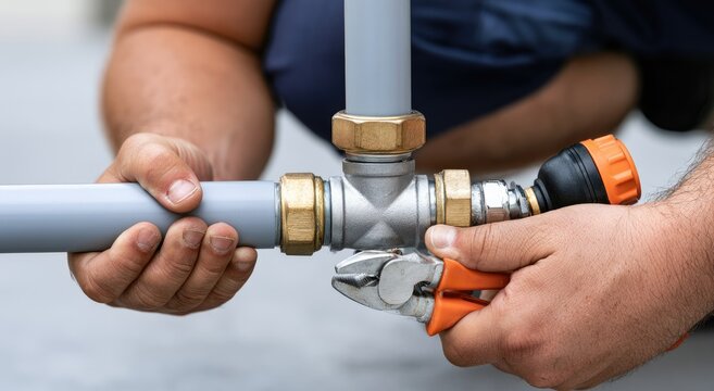 Plumber Tightening Pipe Fitting with Wrench for Water System Repair.