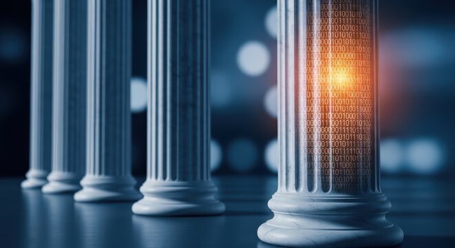 Digital transformation concept with a classical marble pillar featuring binary code glowing inside it