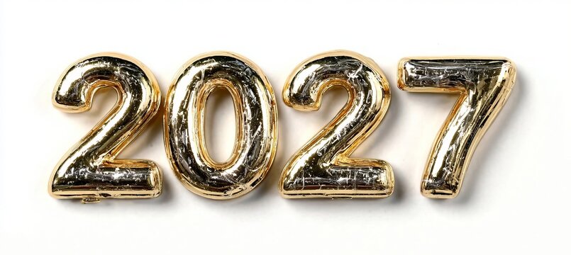 Set of Shiny Gold Foil 2027 Balloon Numbers Isolated on a Clean White Background Representing Year