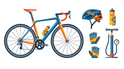 Fototapeta premium A collection of cycling equipment including a road bike, helmet, gloves, water bottles, and a pump.