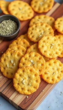 Crunchy taralli crackers with a sprinkle of fennel seeds on a wooden cutting board, crunchy, appetizer