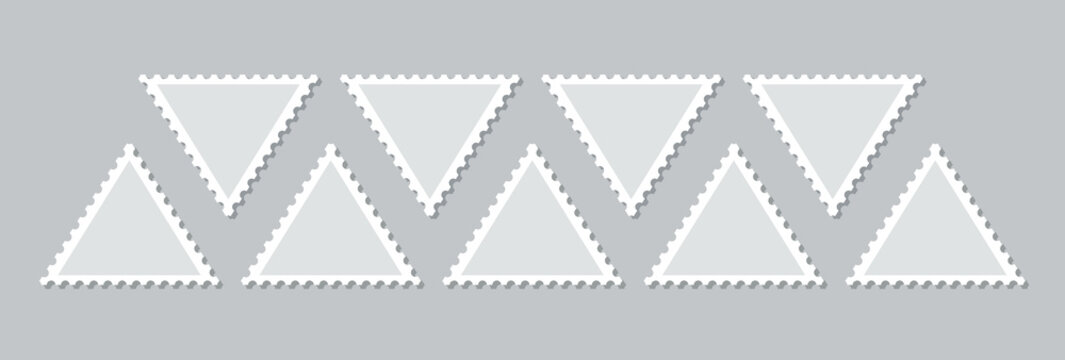 Triangle post stamps set. Stamps isolated on background. Empty postal shapes border collection. Paper postmarks. Blank frames for mail letter. Postage perforated templates. Vector illustration. Flat d