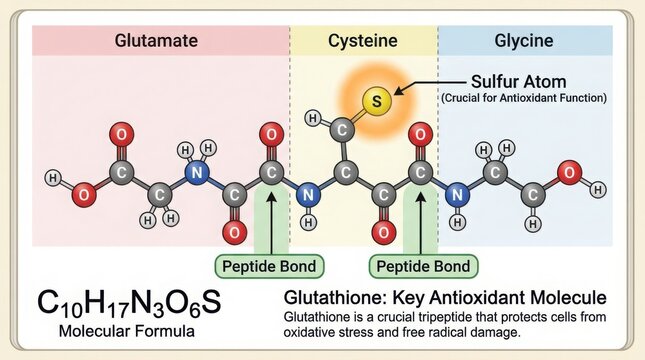 Glutathione chemical structure diagram with molecular formula and labels illustration