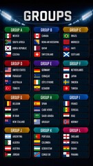 Fototapeta premium World soccer tournament drawing groups with national flags for championship competition