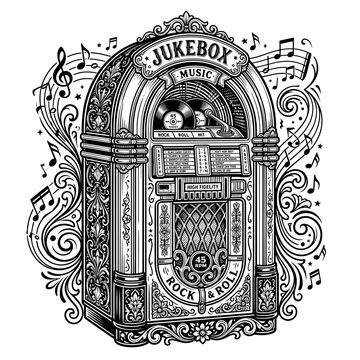 Vintage Jukebox Illustration with Musical Notes and Retro Rock and Roll Graphic Design Vector