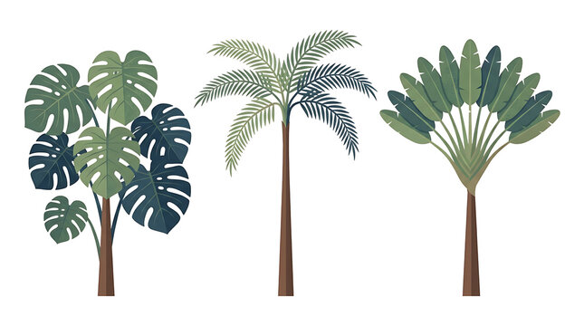 A collection of three distinct tropical plants, including a Monstera, a palm tree, and a traveler's palm, rendered in a stylized, illustrative manner with a white background.