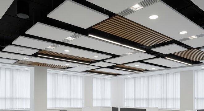Modern office interior with suspended acoustic ceiling panels and wooden slat baffles with integrated led lighting