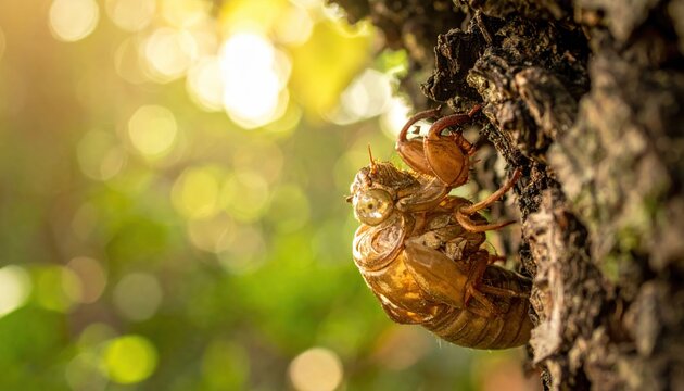Empty Cicada Exoskeleton Clinging to Tree Bark with Soft Bokeh Background
