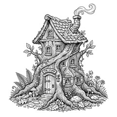 Naklejka premium Detailed whimsical tree stump house illustration, an enchanting fantasy dwelling perfect for coloring books