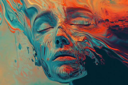 Surreal human face dissolving into vibrant, swirling colors, representing complex emotional landscape and the duality of human experience.
