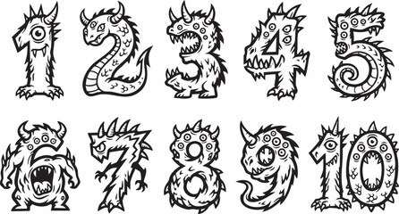 Obraz premium Black and white cartoon monster numbers 1 to 10 with horns, spikes, and scales, designed for children's learning or Halloween themes.