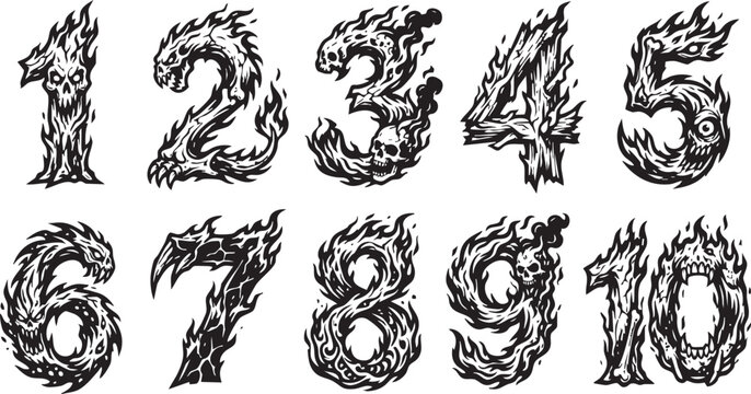 A set of black and white numbers from one to ten, stylized with burning flames, skulls, and monster-like features in a grunge, hand-drawn illustration style.