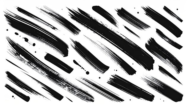 Black ink brush strokes and splatters on a white background, creating a textural, abstract design