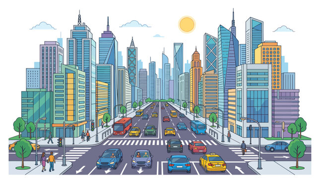 Busy urban street with skyscrapers and heavy traffic in daylight