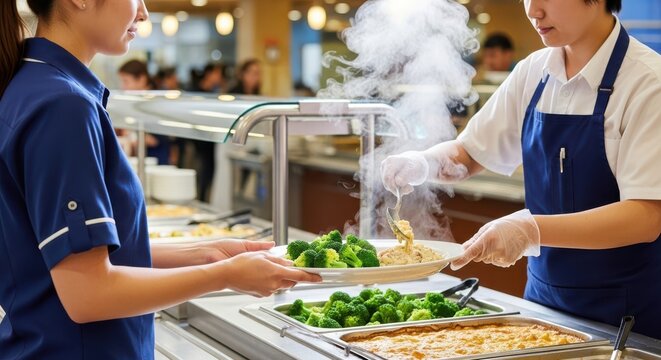 Server serving hot food to a customer in a cafeteria line