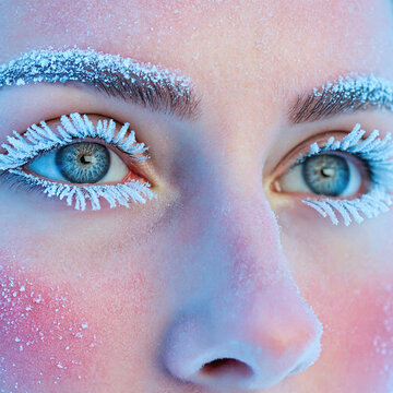 Closeup woman face with delicate, crystalline frost and ice flowers blooming across her skin. Intricate, frozen patterns, create a surreal and ethereal personification of winter fragile beauty