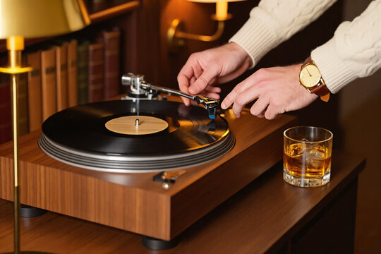 Closeup male hands gently lower the needle onto a spinning black record on a wooden turntable as sets a cozy mood. A glass of amber whiskey with ice rests nearby, surrounded by bookshelves