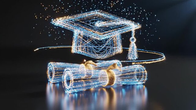 Digital graduation cap and diploma scroll formed by glowing blue and gold particles, representing education, achievement, and knowledge