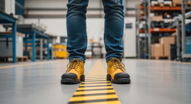 Worker standing on a safety floor marking in a warehouse or industrial factory setting