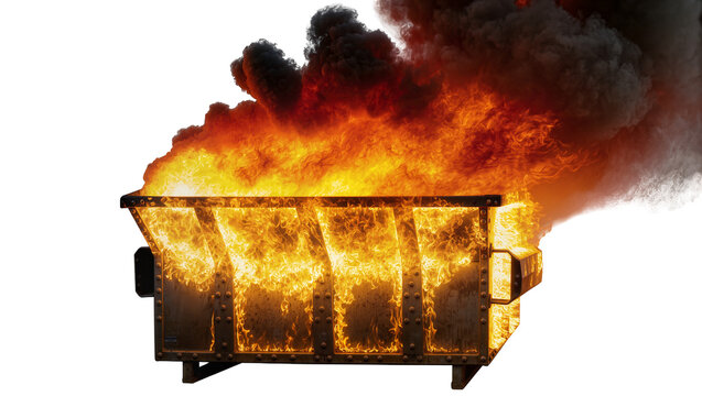 Isolated metal dumpster burning brightly with intense hot fire and billowing dark smoke