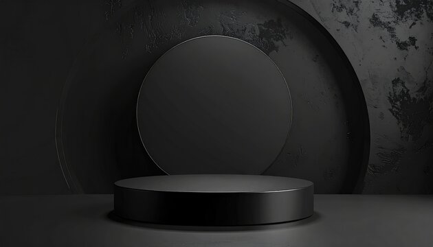 A dark stage with a round platform in front of textured concentric circles