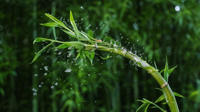 A flexible bamboo branch recoiling, flinging water droplets into the air.