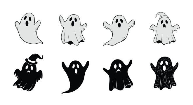Spooky halloween ghost set containing eight cartoon phantoms in both outline and solid black silhouette styles.