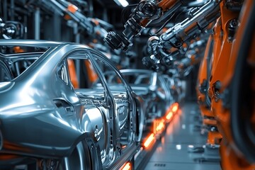 Obraz premium Automated Robotic Arms Welding Car Body Frame On Modern Automobile Assembly Production Line Factory
