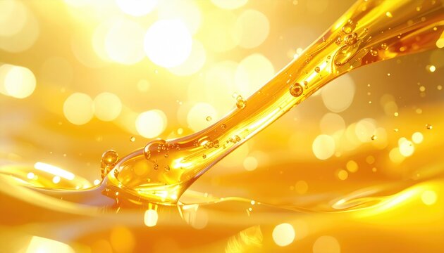 Golden liquid pours and drips, glistening with bubbles against a blurred bokeh backdrop. Close-up shot