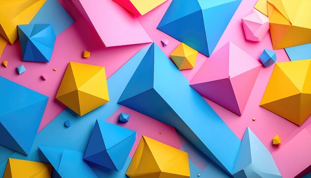 Assorted geometric shapes in bright pink, yellow, and blue hues scattered randomly across a flat pink background