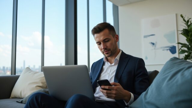 A man in a suit working on his laptop, multitasking with his cell phone.