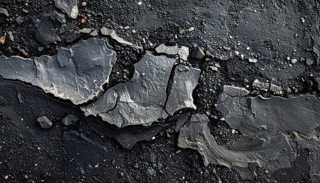 Close-up of cracked, blackened pavement with grey fractured sections. Texture is rough and uneven, with gritty details